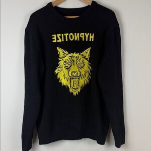 Simons Djab Black Sweater with Yellow Wolf Design Size Large